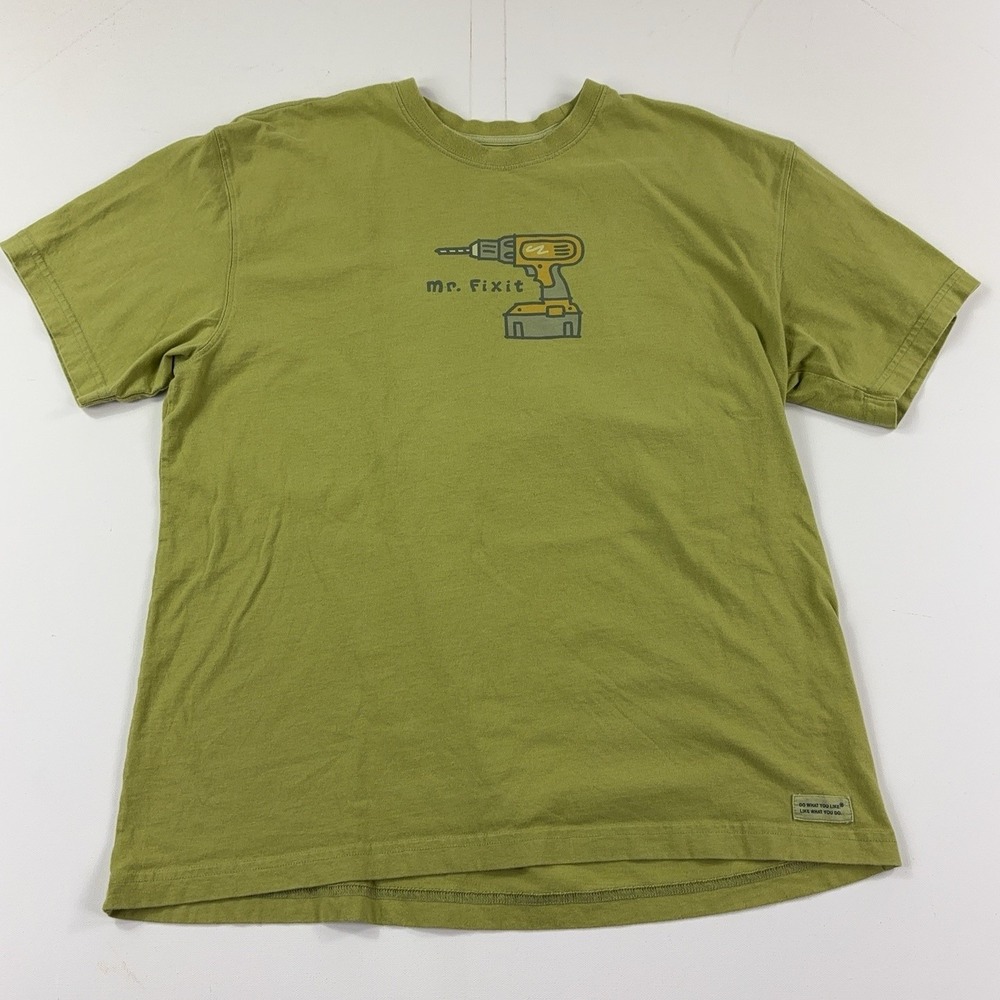 Life Is Good Shirt Mens Large Green Mr Fixit Drill Graphic Tee Tools Handyman